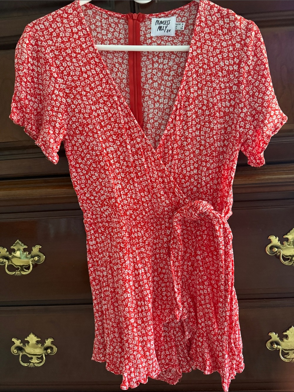 Princess Polly Red & White Floral Wrap Romper